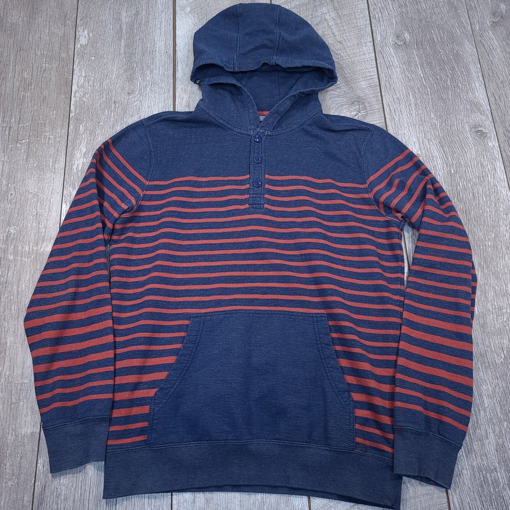 Quiksilver Hoodie Men Medium Blue Orange Striped Henley Pullover Kangaroo Pocket